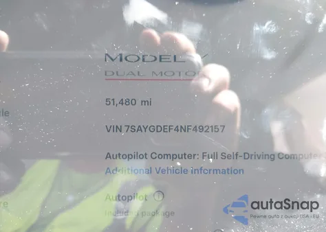 2022 Tesla Model Y Performance Dual Motor All-Wheel Drive z USA, uszkodzony, nr VIN 7SAYGDEF4NF492157